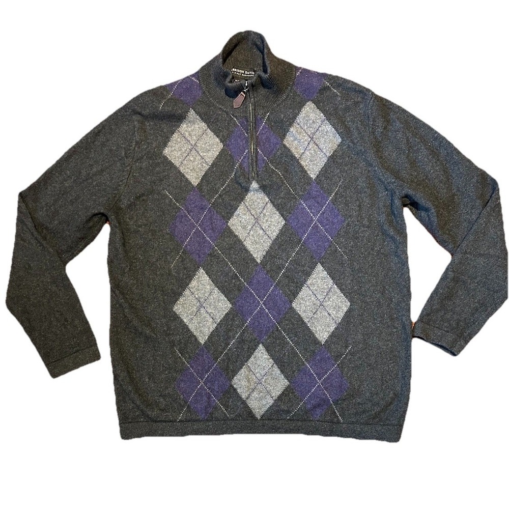 Harrison Davis 100% Cashmere Sweater Half Zip Mock Turtle Neck‎ Argyle  Gray XL